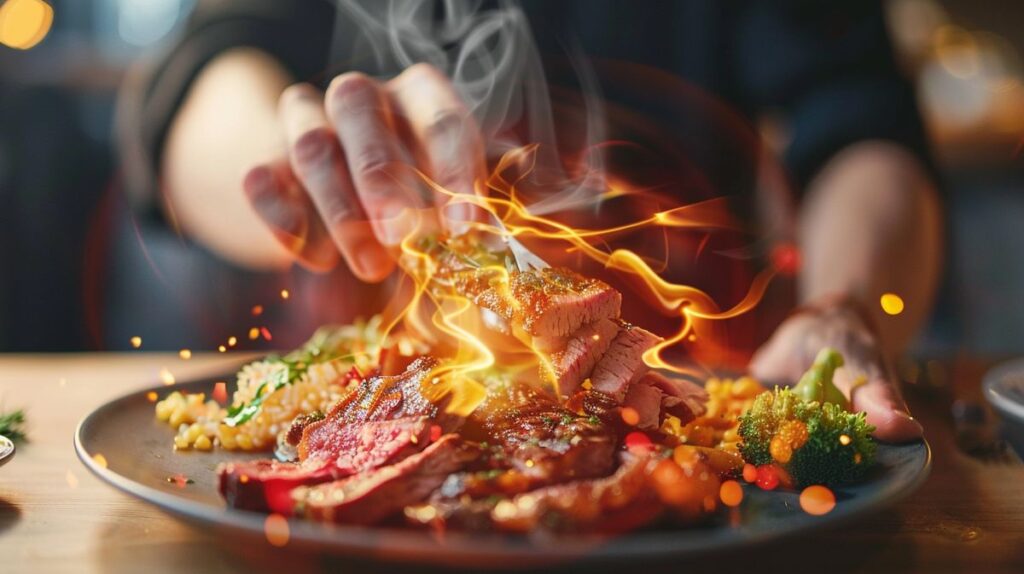 Frau genießt fleischbasierte Mahlzeit, perfekt für die Carnivore Diät bei Autoimmunerkrankung