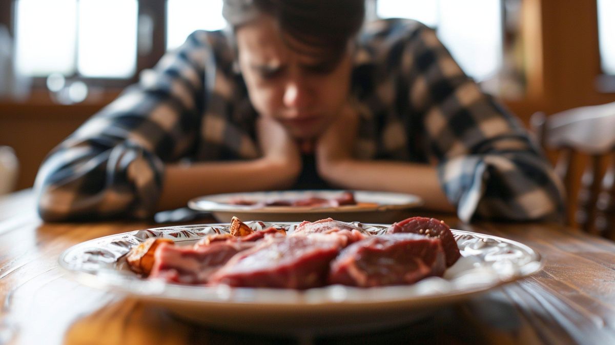 Frau zeigt Unbehagen beim Essen von Fleisch, Carnivore Ernährung Nachteile hervorhebend