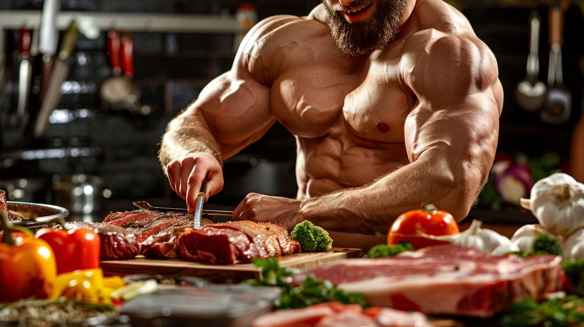 Muskulöser Bodybuilder demonstriert Fortschritte durch Carnivore Diät Bodybuilding