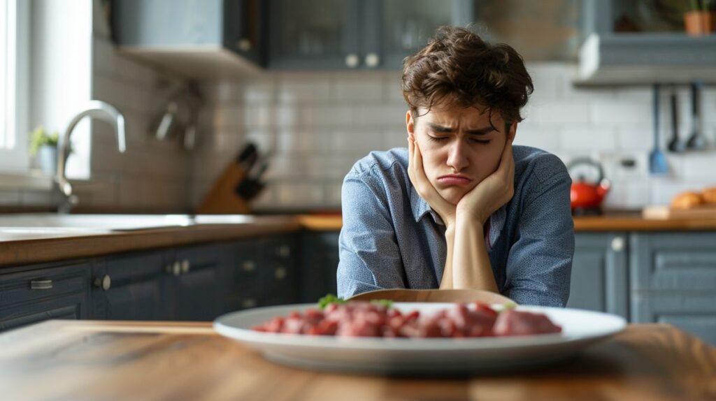 Frau betrachtet besorgt ein Stück rohes Fleisch, Carnivore Ernährung Nachteile illustrierend