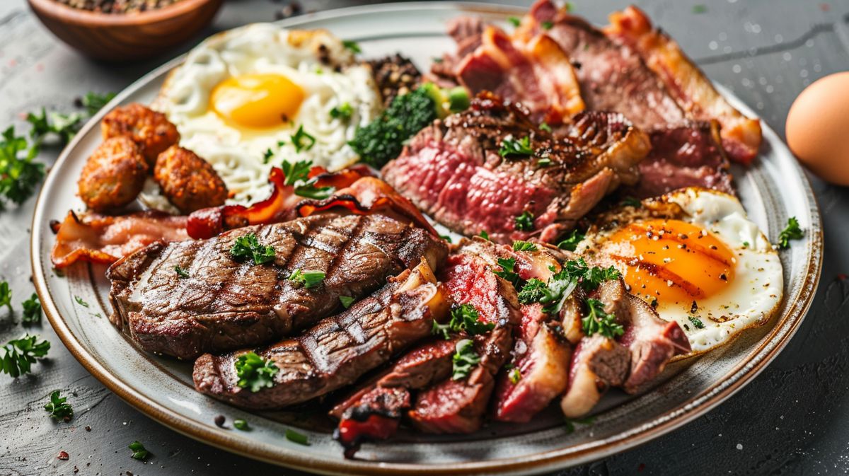 Carnivore Diät Frühstück mit Steak und Eiern auf einem Teller