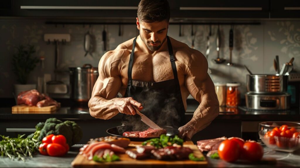 Muskulöser Bodybuilder zeigt Ergebnisse der Carnivore Diät Bodybuilding