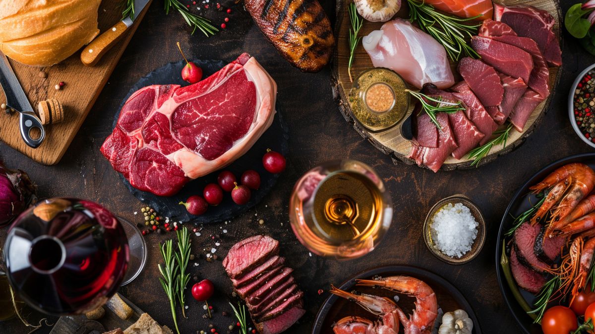 Carnivore Diät Alkohol: Ein Glas Rotwein neben einem Teller mit Fleisch, ideal für eine kohlenhydratarme Ernährung