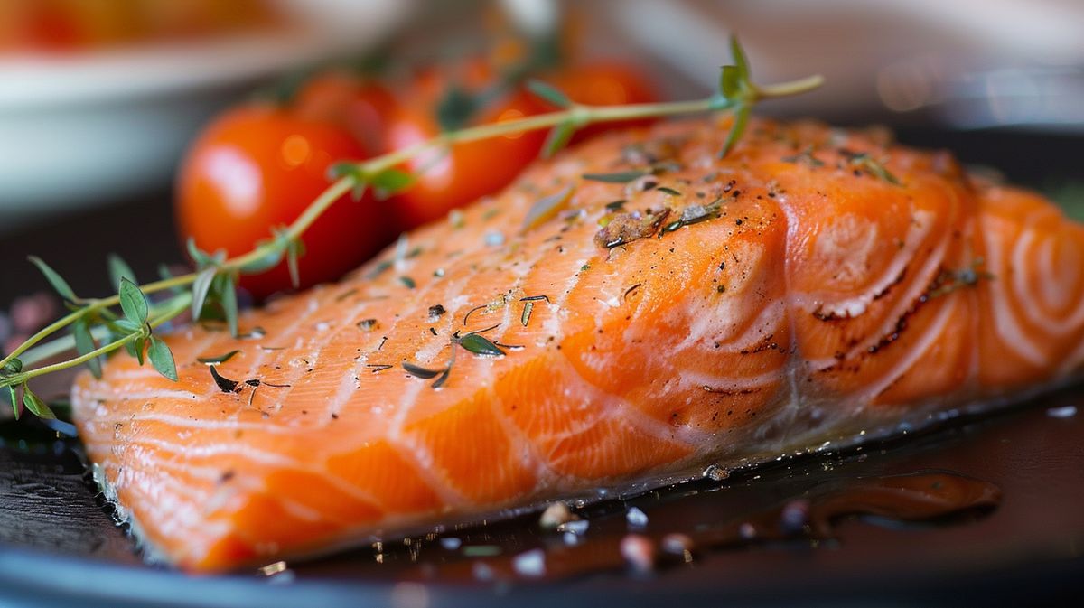 Lachsfilet auf einem Teller, ideal für Diäten, ist Lachs gut zum Abnehmen, garniert mit frischen Kräutern