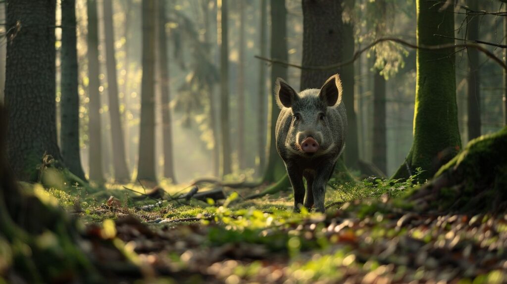 Waldschwein in natürlichem Waldhabitat beim Fressen