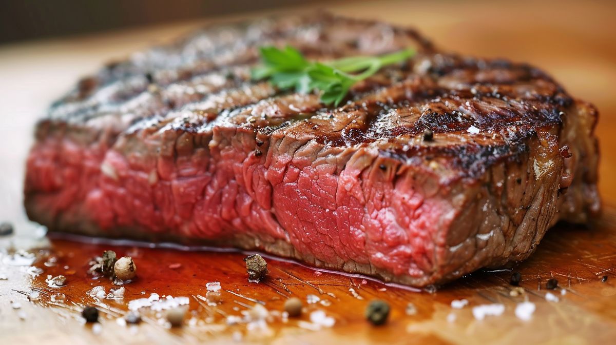 Ist Steak gesund? Frisch gegrilltes Steak auf rustikalem Holztisch mit Kräutern und Gewürzen