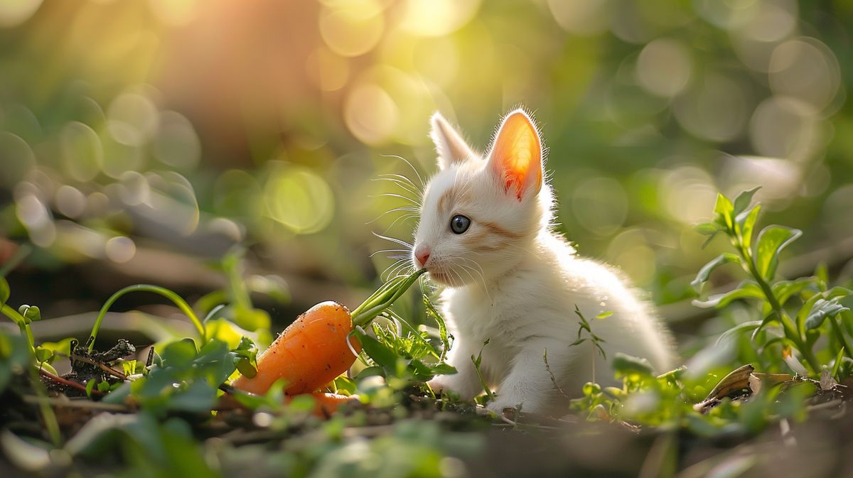 Kaninchen frisst frisches Gemüse im Gras, perfekt um Kaninchenhunger zu stillen