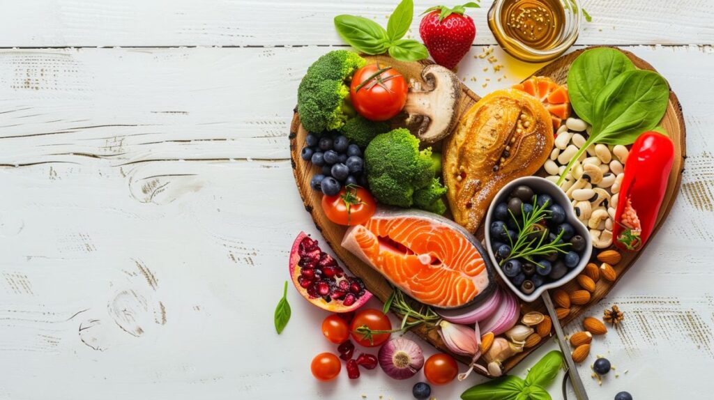 Gesunde Leber Ernährung mit frischen Gemüsen und Nüssen auf Holztisch