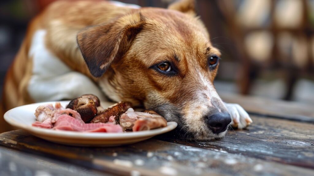 Hund frisst Fleisch im Garten, perfektes Beispiel für Carnivore Ernährung beim Hund