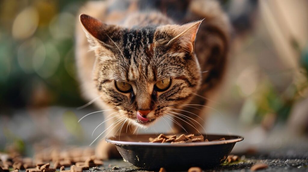 Katze frisst Fleisch als Teil ihrer Carnivore Ernährung für die Katze