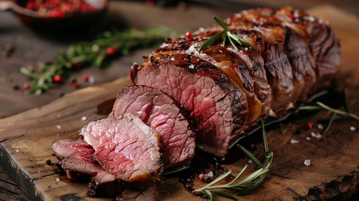 Rindfleisch Diät Mahlzeit mit frischem Gemüse und Kräutern auf rustikalem Holztisch