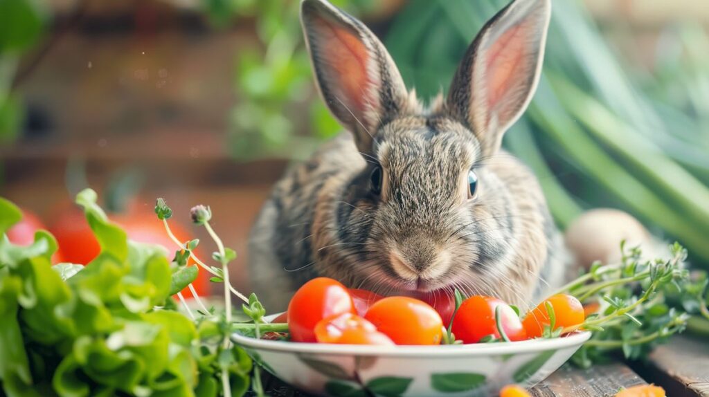 Kaninchen frisst frisches Gemüse auf grüner Wiese, perfekt für Kaninchenhunger