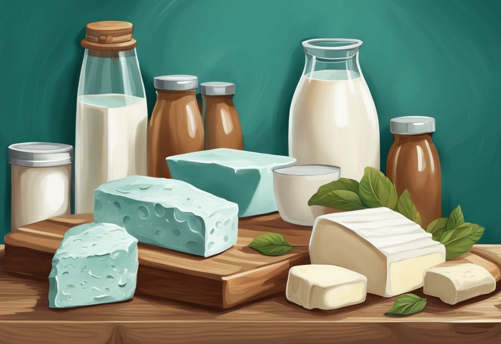 Moderne digitale Illustration in Teal-Tönen, die verschiedene Milch- und Nichtmilchprodukte als Feta Ersatz auf einer Holzfläche zeigt.