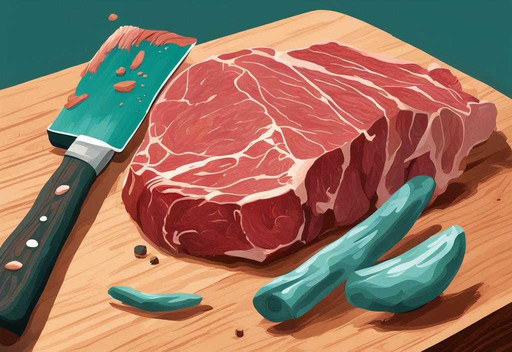 Moderne digitale Illustration in Türkis: Verschiedene Fleischstücke auf einem Holzbrett, ein Hammer schwebt darüber, um Fleisch zart zu machen.