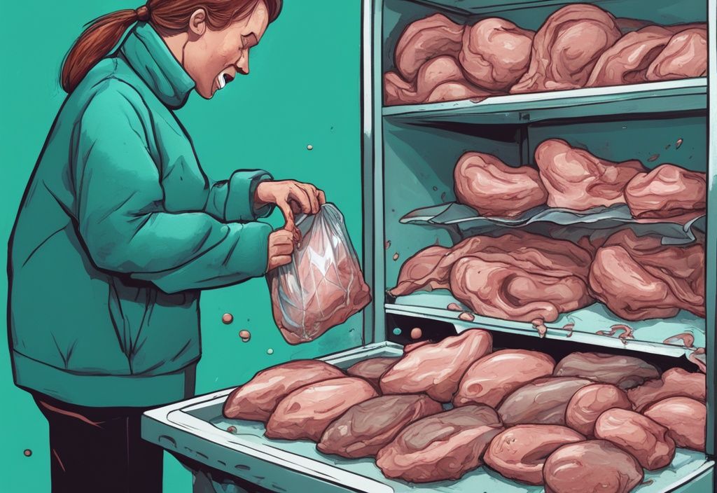 Moderne digitale Illustration in Teal-Tönen: Person verzieht das Gesicht beim Öffnen einer vakuumverpackten Fleischpackung, aus der kleine, cartoonartige faule Eier und wellige Geruchslinien aufsteigen.