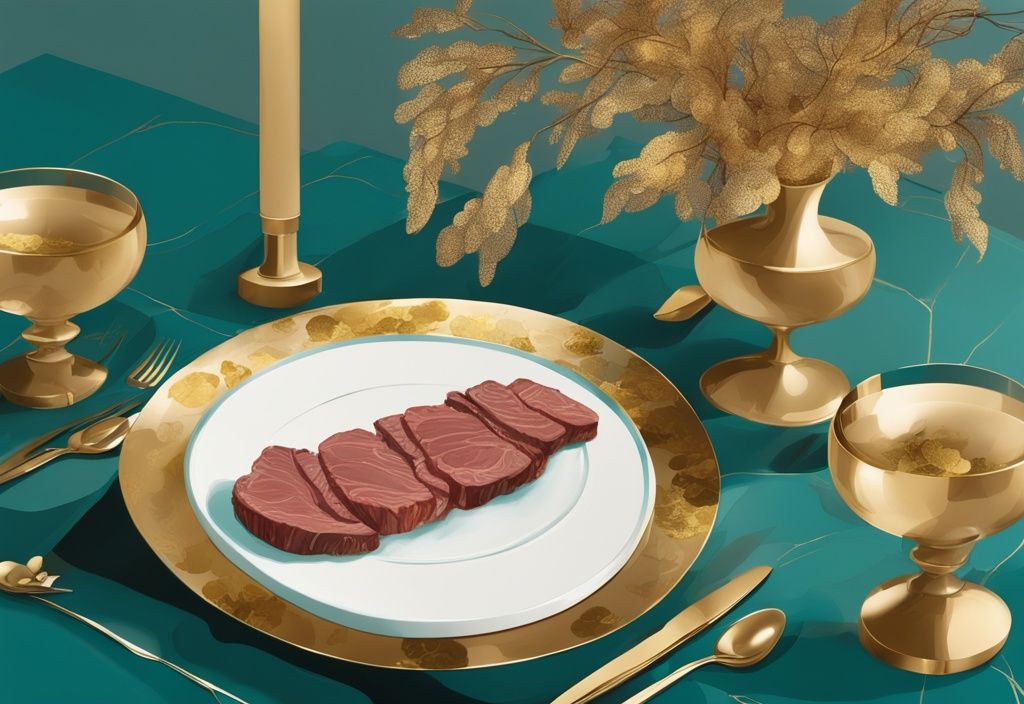 Luxuriöses Platter mit Kobe-Rindfleisch, Trüffeln und Goldblatt auf elegantem Esstisch, moderne digitale Malerei in Teal.