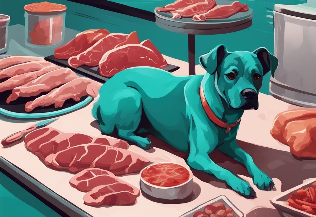 Moderne digitale Malerei mit rohem Fleisch für Hunde, darunter Rindfleisch, Hühnchen und Fisch, in ansprechender Anordnung, mit einem gespannt wartenden Hund.