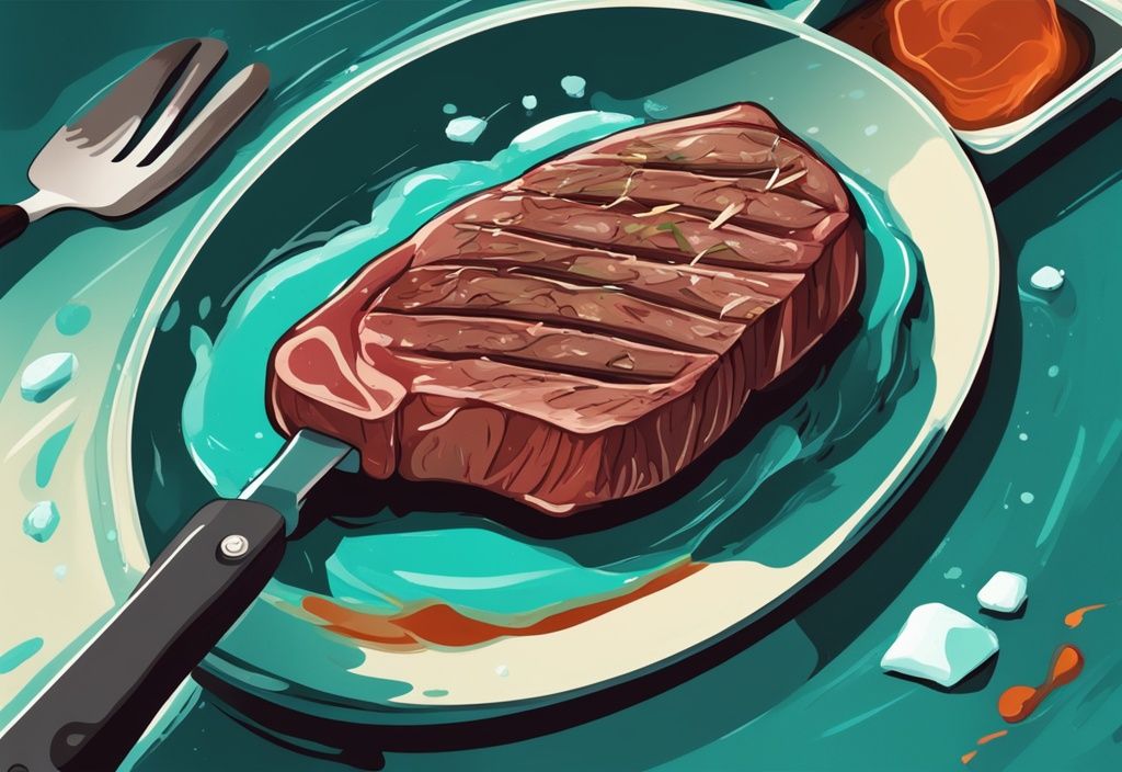 Moderne digitale Malerei mit einem gefrorenen Steak, das in einer heißen Pfanne brutzelt, mit aufsteigendem Dampf und einem Spatel, der es umdreht, Hauptfarbe Teal.