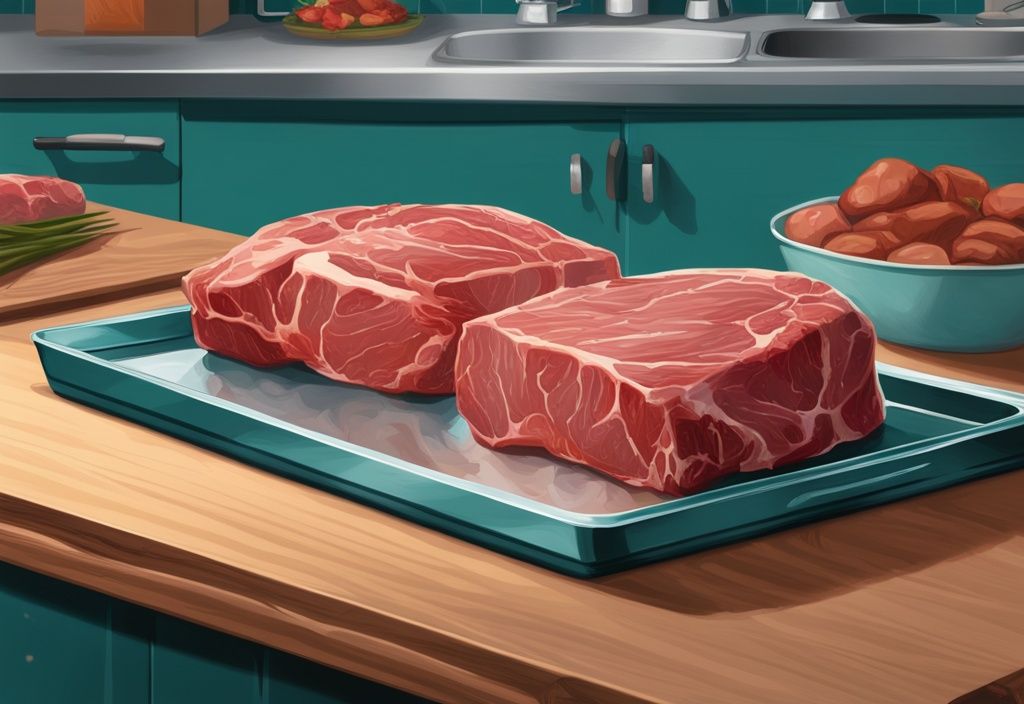 Moderne digitale Illustration in Türkis, die ein ordentlich verpacktes Stück Fleisch zeigt, das auf einem Metalltablett auf einer Holzarbeitsplatte auftaut. Perfekt, um zu lernen, wie man Fleisch schnell auftauen kann.