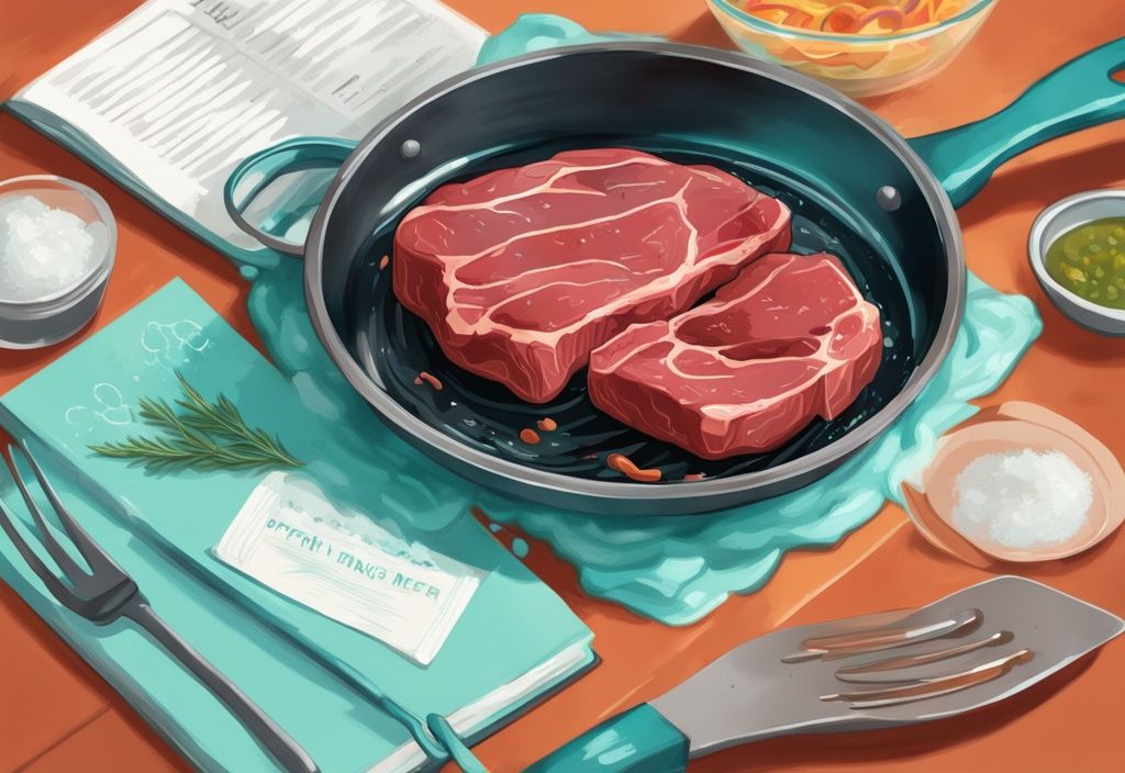 Moderne digitale Illustration in Teal, die zeigt, wie man gefrorenes Fleisch braten kann: Ein gefrorenes Steak brutzelt in einer Pfanne, umgeben von Kochutensilien, mit einem unscharfen Rezeptbuch im Hintergrund.