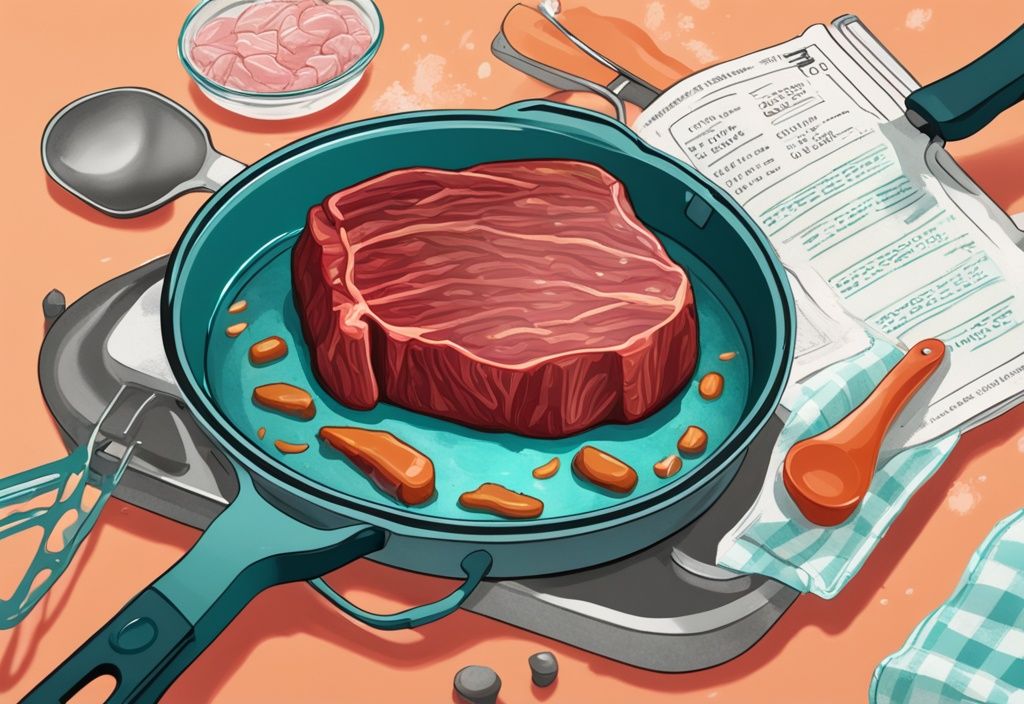 Moderne digitale Malerei Illustration in Türkis, gefrorenes Steak brät in einer Pfanne, Kochutensilien und verschwommenes Rezeptbuch im Hintergrund mit Thema "kann man gefrorenes Fleisch braten".