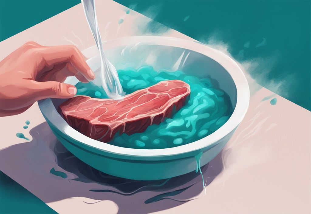 Gefrorenes Fleisch in einem Zip-Lock-Beutel, der in einer Schüssel mit kaltem Wasser aufgetaut wird, moderne digitale Illustration in Teal.