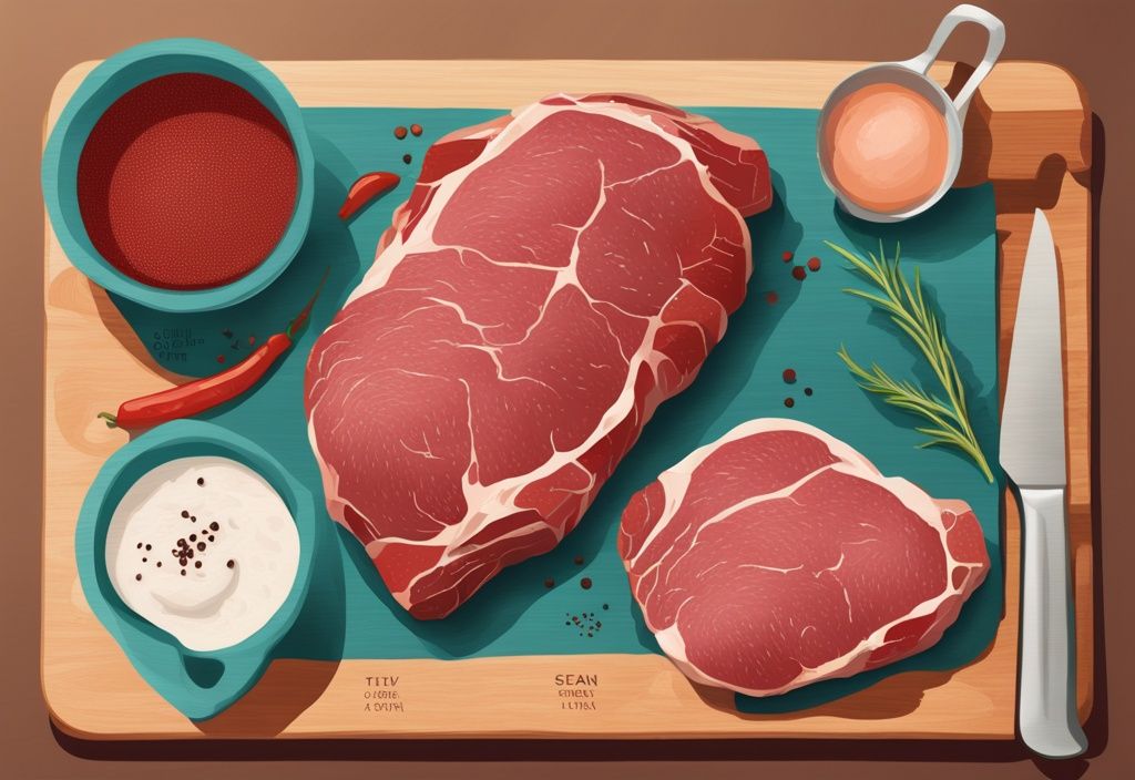 Moderne digitale Malerei mit verschiedenen mageren Fleischsorten wie Hähnchenbrust, Rinderfilet und magerem Putenhackfleisch auf einem Schneidebrett, mit Beschriftungen zur Identifizierung. Hauptfarbthema: Türkis.