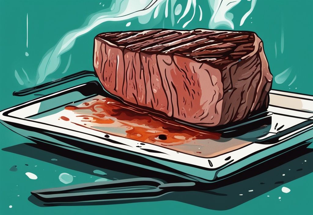 Moderne digitale Malerei mit einem saftigen Steak, das auf einem Grill erhitzt wird, mit sichtbarem Dampf, um zu zeigen, wie man Fleisch aufwärmen ohne dass es trocken wird.