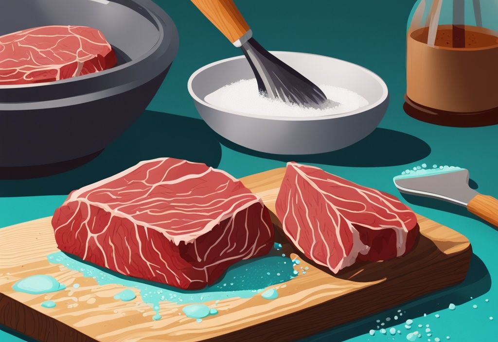 Moderne digitale Illustration in Türkis: rohes Steak mit Natron bestäubt auf Holzbrett, Fleischklopfer daneben, Fleisch zart machen mit Natron