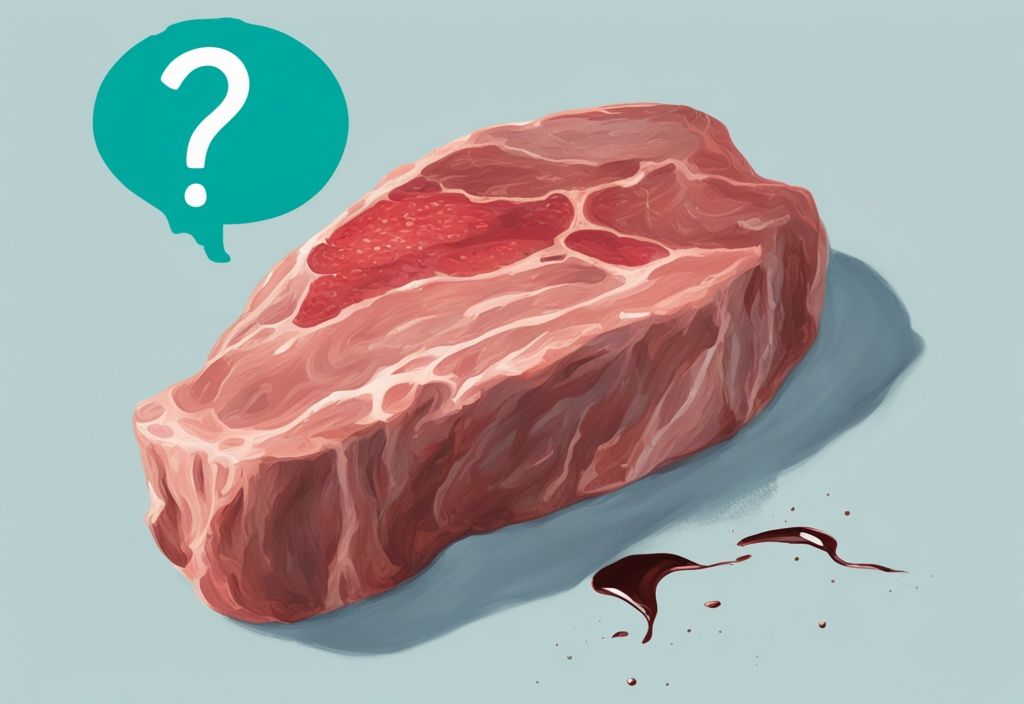 Nahaufnahme von Gefrierbrand an einem Stück Fleisch neben einem frischen Stück mit Fragezeichen dazwischen, moderner digitaler Illustrationstil in Teal.