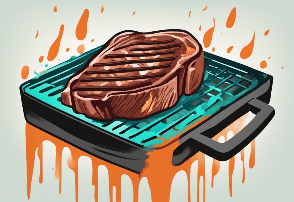 Moderne digitale Malerei mit einem saftigen Steak auf einem Grill, sichtbarer Dampf zeigt Fleisch aufwärmen ohne dass es trocken wird, Hauptfarbe ist Türkis