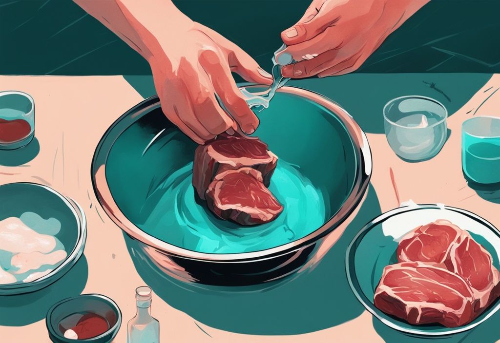 Moderne digitale Illustration in Türkis: Hände zeigen, wie man Fleisch richtig in kaltem Wasser auftaut.