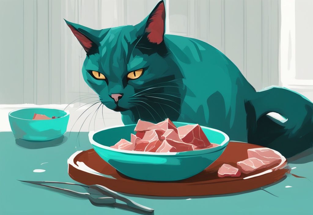 Hauskatze schnuppert neugierig an einer Schüssel mit rohes Fleisch für Katzen, digitale moderne Malerei in Teal.