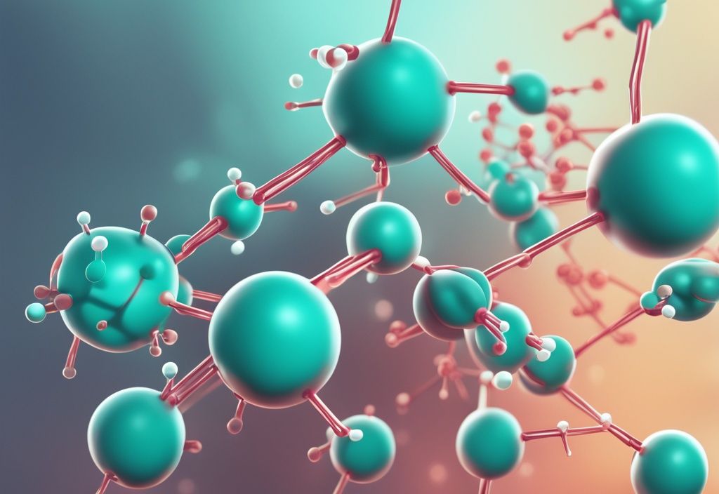 Moderne digitale Malerei-Illustration in Türkis, die zeigt, wie ein Quercetin-Molekül mit einem Histamin-Molekül reagiert.