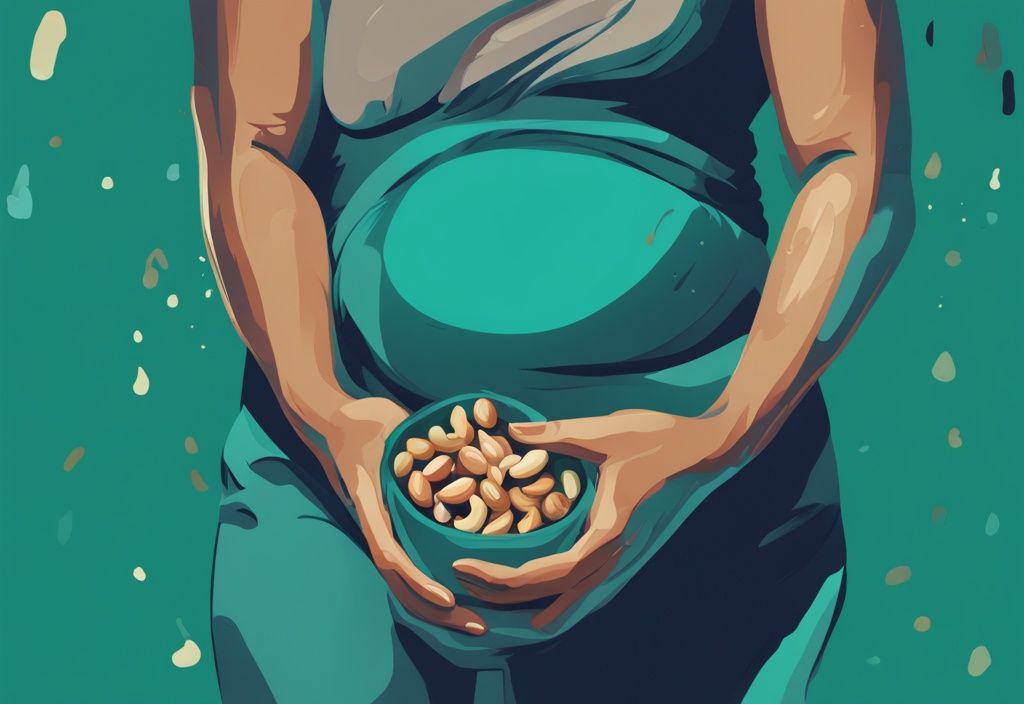 Moderne digitale Illustration einer Person, die sich vor Bauchschmerzen krümmt, umgeben von Cashewkernen – Cashewkerne Darmprobleme.