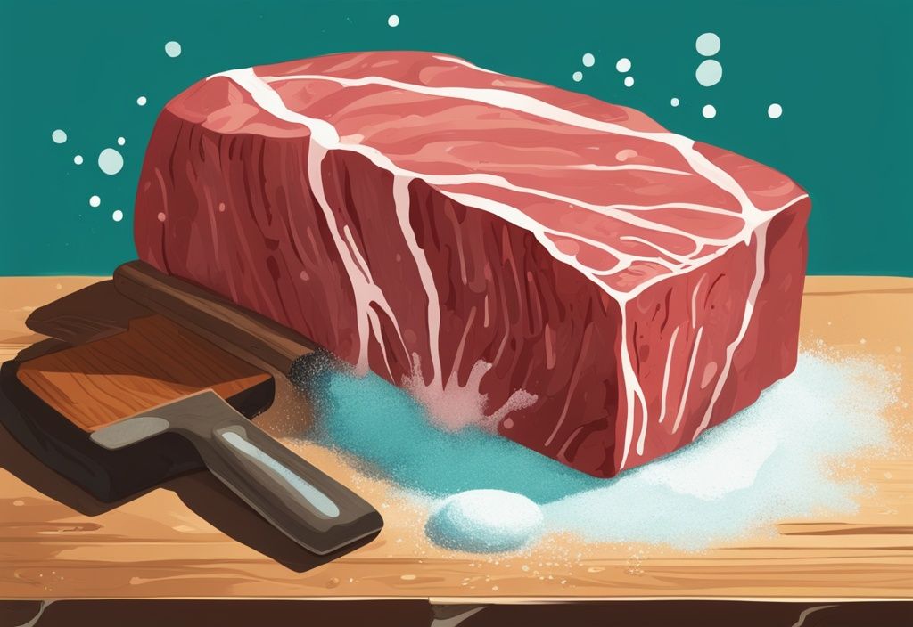 Moderne digitale Malerei mit einem rohen Steak, bestreut mit Natron, auf einem Holzbrett neben einem Fleischklopfer – Fleisch zart machen mit Natron.