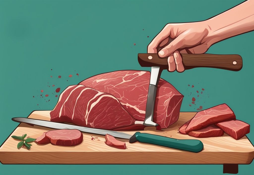 Moderne digitale Malerei mit Fleischstücken auf einem Holzbrett und einem schwebenden Fleischklopfer, der den Prozess Fleisch zart machen darstellt.