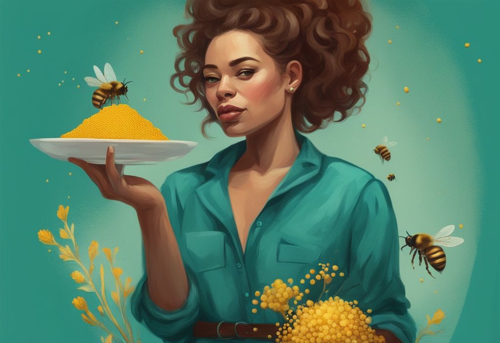 Moderne digitale Illustration einer selbstbewussten Frau mit Bienenstock im Hintergrund, die einen Löffel Bienenpollen hält. Bienenpollen Brustwachstum.