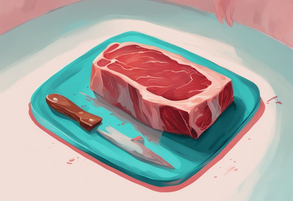 Vergleich von gefriergebranntem und frischem Fleisch mit Fragezeichen in moderner digitaler Illustration, Hauptfarbe Teal