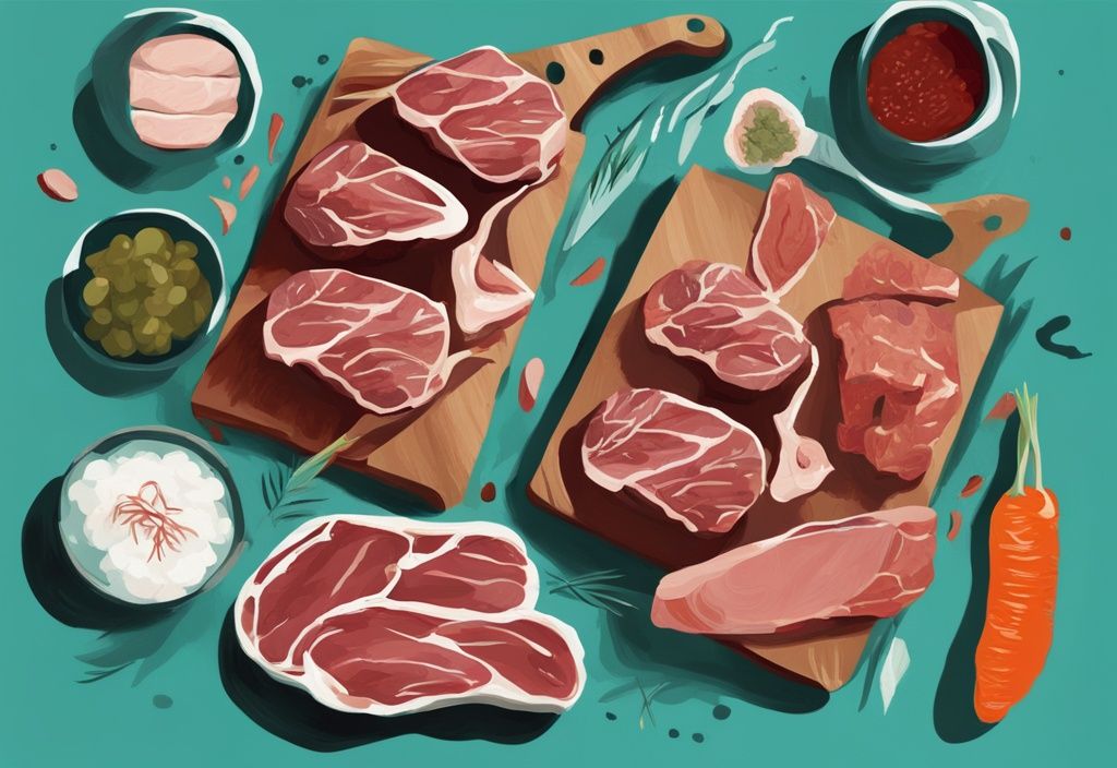 Moderne digitale Malerei mit Fleischsorten von teuer bis günstig, das günstigste Fleisch hervorgehoben, Hauptfarbe Teal