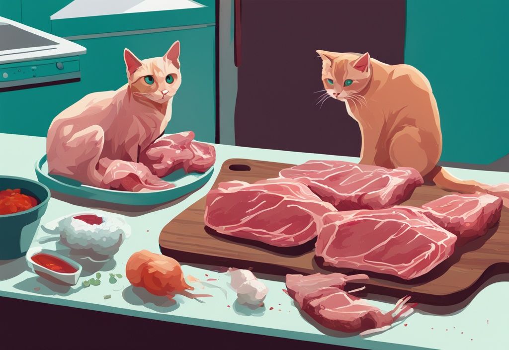 Moderne digitale Malerei mit Teal-Farbschema, rohes Fleisch wie Huhn, Rind und Lamm auf einem Schneidebrett, neugierige Katze beobachtet die Szene.