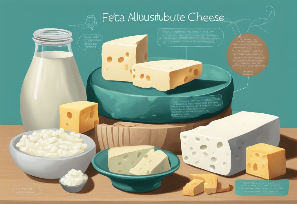 Moderne digitale Illustration mit dem Hauptfarbthema Türkis, die verschiedene alternative Käseprodukte sowie milchfreie Feta-Alternativen mit Textbeschriftungen zeigt.