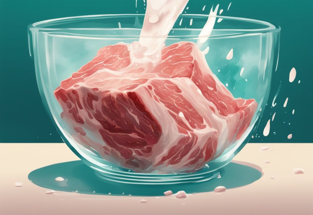 Nahaufnahme von rohem Fleisch in Buttermilch einlegen in einer großen Glasschüssel, modernes digitales Gemälde in Teal-Farbtönen.