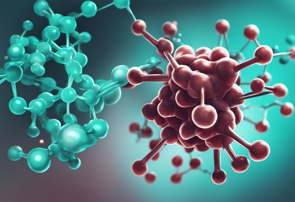 Moderne digitale Illustration eines Moleküls von Quercetin, das mit einem Histamin-Molekül interagiert, mit dem Hauptfarbthema Teal. Quercetin Histamin molekulare Reaktion.