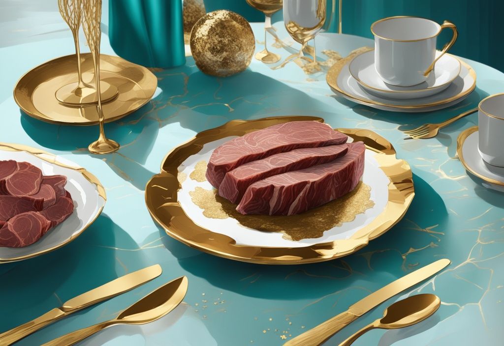 Luxuriöse Platte mit dünnen Scheiben Kobe-Rindfleisch, Trüffelakzenten und Blattgold auf elegantem Esstisch, moderne digitale Malerei in Teal.