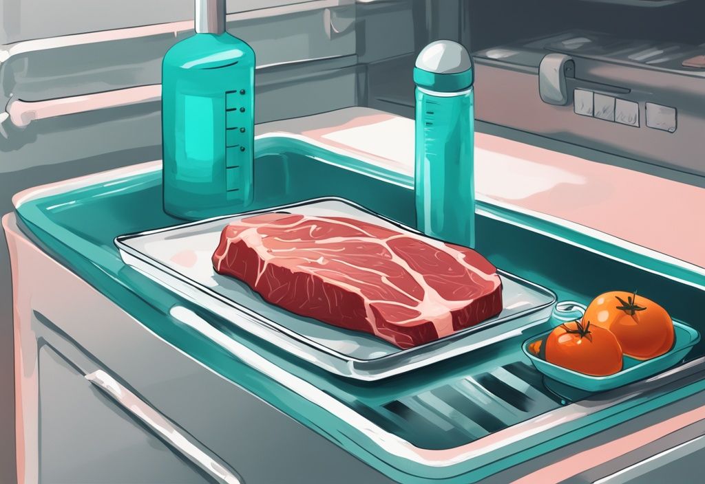 Digitales Gemälde mit Auftauendem Fleisch auf einem Abtropfgestell im Kühlschrank und digitalem Lebensmittelthermometer, Fleisch richtig auftauen