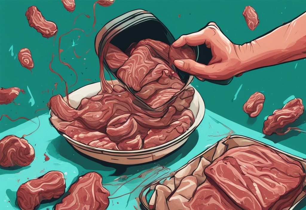 Moderne digitale Illustration in Teal, eine Person weicht vor einem Paket vakuumiertes Fleisch riecht nach faulen Eiern zurück, komische, wellige Linien zeigen den unangenehmen Geruch.