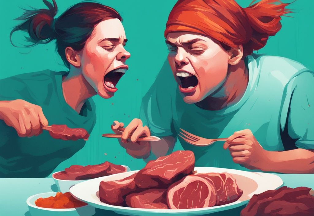 Moderne digitale Illustration, Hauptfarbe Teal, zeigt eine Person, halb lethargisch durch Fleischkonsum, halb energiegeladen und gesünder ohne Fleisch, was passiert wenn man kein Fleisch mehr isst.