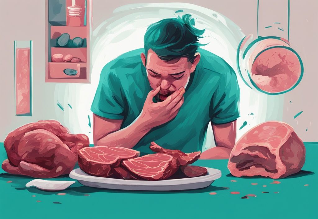 Moderne digitale Malerei, die zeigt, was passiert wenn man kein Fleisch mehr isst: Eine Person, halb lethargisch durch Fleischkonsum, halb energisch und gesund ohne Fleisch, in Teal-Farben.