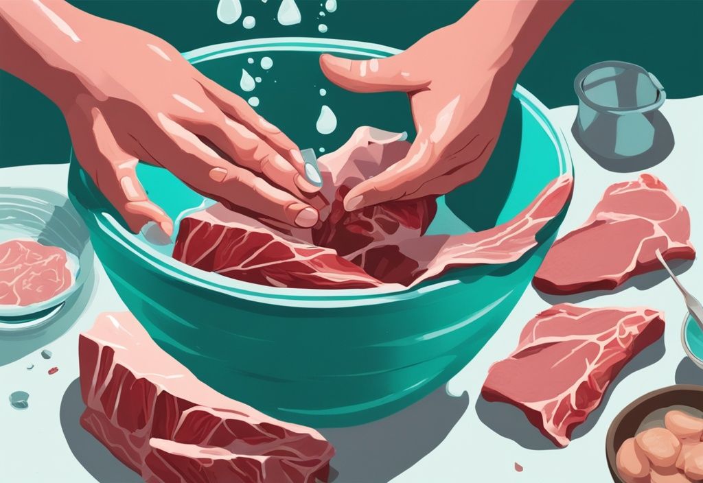 Moderne digitale Illustration in Teal-Tönen: Hände legen ein eingewickeltes Stück Fleisch in eine Schüssel mit kaltem Wasser, um die richtige Technik zum Auftauen von Fleisch zu demonstrieren.